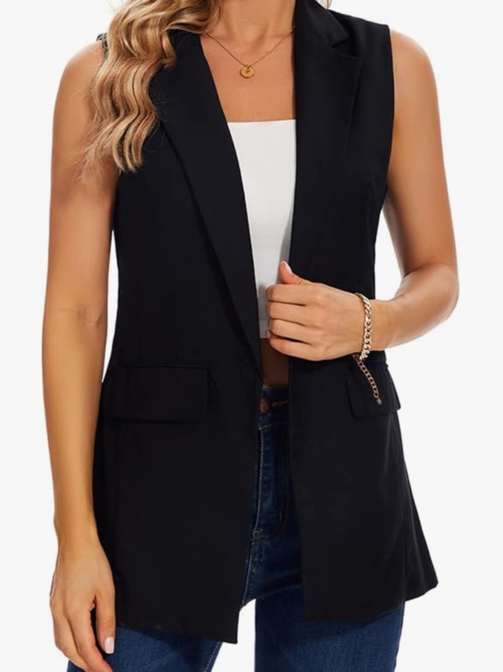Jacob Sleeveless One Button Blazer w Notched Lapel & Bilateral Flapped Pockets